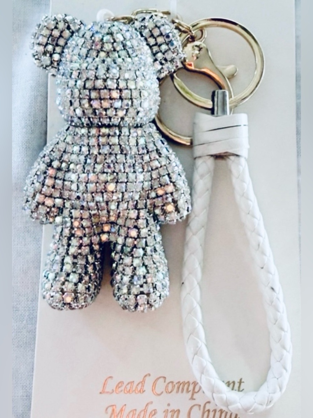 Natasha LARGE Iridescent Crystal Teddy Bear Bag Charm / Keychain / Wristlet, NIP - Picture 3 of 8